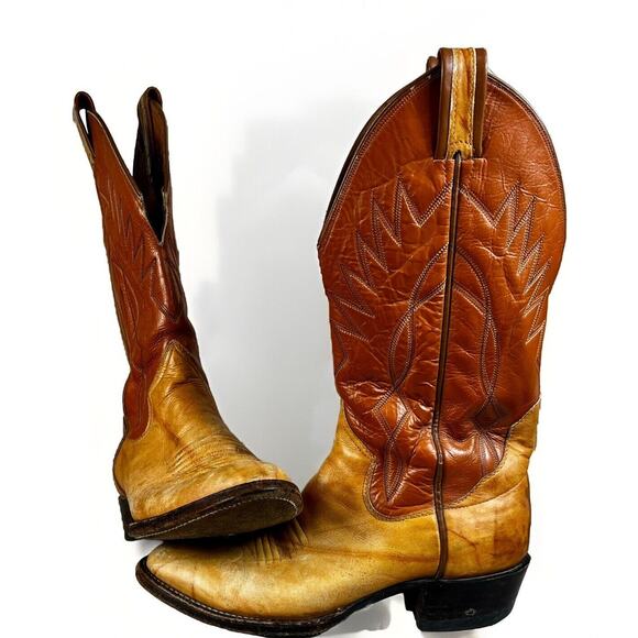 VTG Sanders Men’s Handmade WESTERN Cowboy BOOTS 8D Mexico Light Brown Leather - Picture 6 of 13